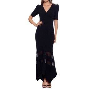 XSCAPE Womens Black Illusion Insets Asymmetric Hem Pouf Sleeve Gown Dress